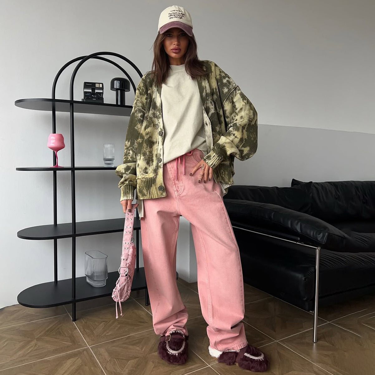 street personalized style color camouflage knitted sweater cardigan niche loose V-neck jacket female trendy brand Popular trade