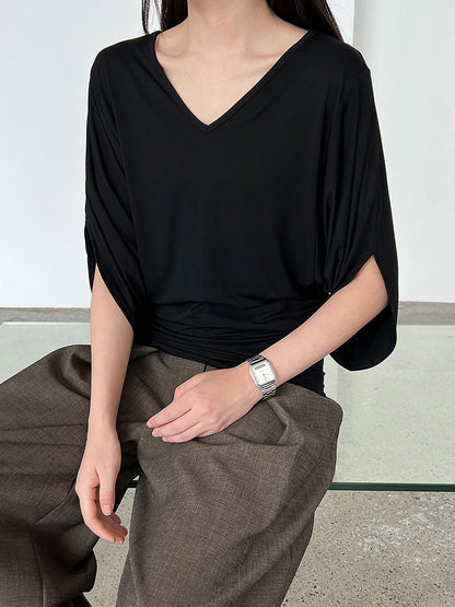 Luxi, Korean lazy style V-neck waist bat sleeve T-shirt women's summer new slim short-sleeved top 2697