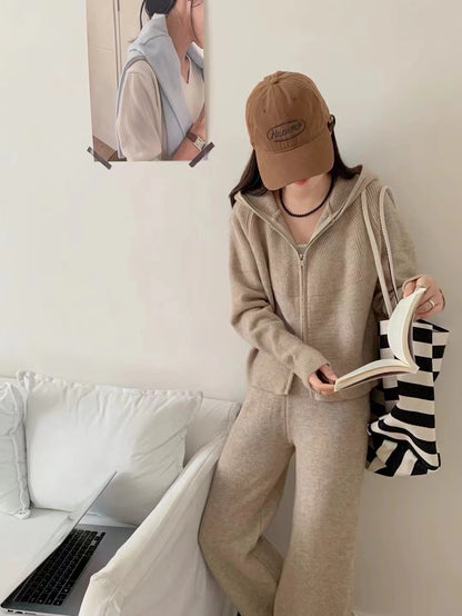 VLOVELAW Korean temperament fashion casual hooded knitted suit women's autumn and winter new loose and thin wide-leg pants two-piece set