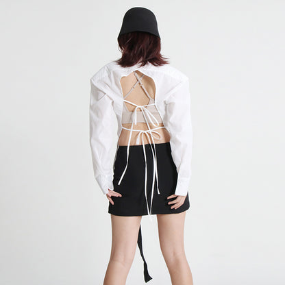 2025 Simple versatile lapel top  spring new fashion temperament commuter style backless lace-up long-sleeved shirt women