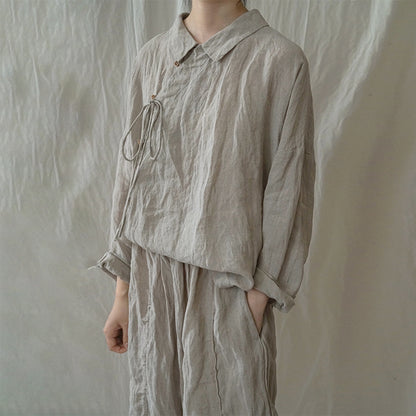 retro literary lapel slanted rain and dew hemp shirt, casual light Chinese natural hemp top S22262