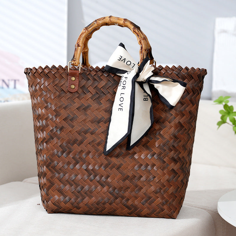 VLOVELAW Large Capacity Hand-Woven Bag Fashionable All-Match Woven Bag Vegetable Basket Retro Imitation Bamboo Handle Bag Beach Vacation Bag