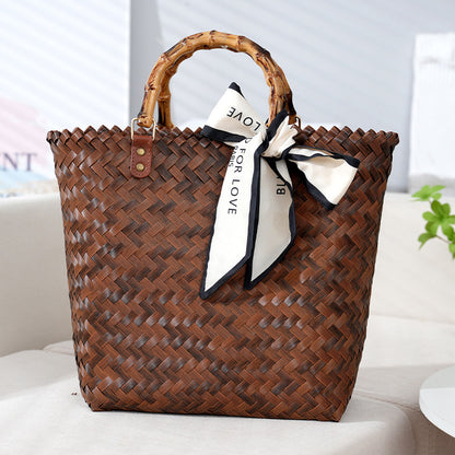 VLOVELAW Large Capacity Hand-Woven Bag Fashionable All-Match Woven Bag Vegetable Basket Retro Imitation Bamboo Handle Bag Beach Vacation Bag