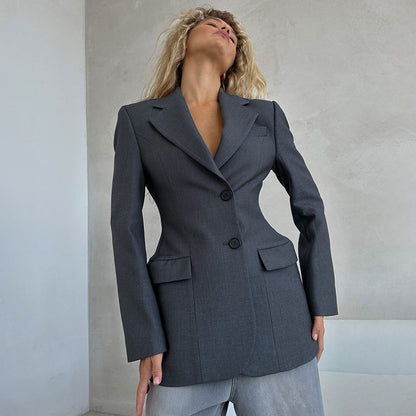 KKBOXLY Cross-border New autumn and winter V-neck waist suit women's senior sense ins slim suit light luxury design suit jacket