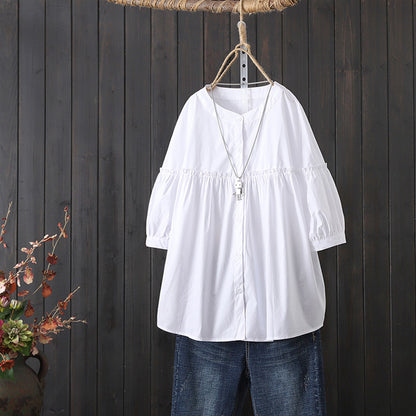 direct sales blue striped pure cotton shirt women's five-quarter sleeve summer wear new loose pure cotton top design shirt