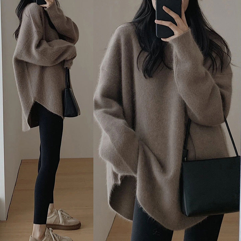 Autumn and winter sweater  new women's clothing loose medium and long lazy style Korean version knitted sweater women's clothing jacket tide