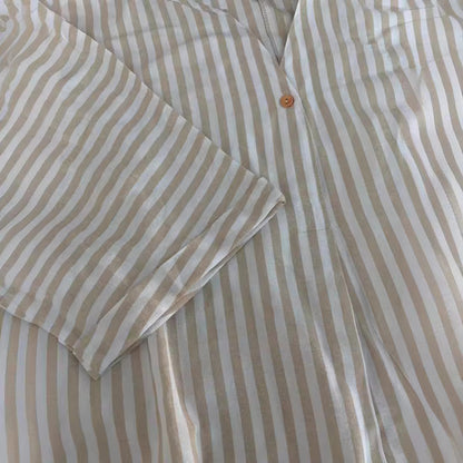VLOVELAW  New V-neck Striped Loose Short-Sleeved Cotton and Linen Shirt Leisure Artistic Versatile Top in Stock