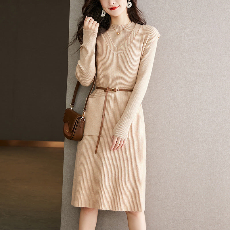 VLOVELAW elegant knitted sweater two-piece skirt autumn and winter new lace-up waist vest medium and long dress women