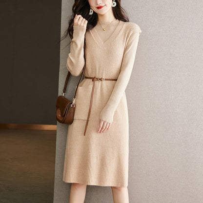 VLOVELAW elegant knitted sweater two-piece skirt autumn and winter new lace-up waist vest medium and long dress women