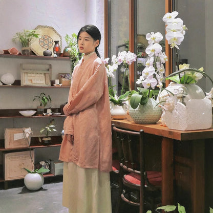 Shirt women's long-sleeved new Chinese long shirt light national style zen improved pink non-jacquard top C0242