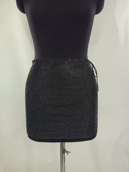 2025  FB3500 2025 hot-selling VEST sexy rhinestone inlaid diamond cloth hanging neck chest top splicing skirt set