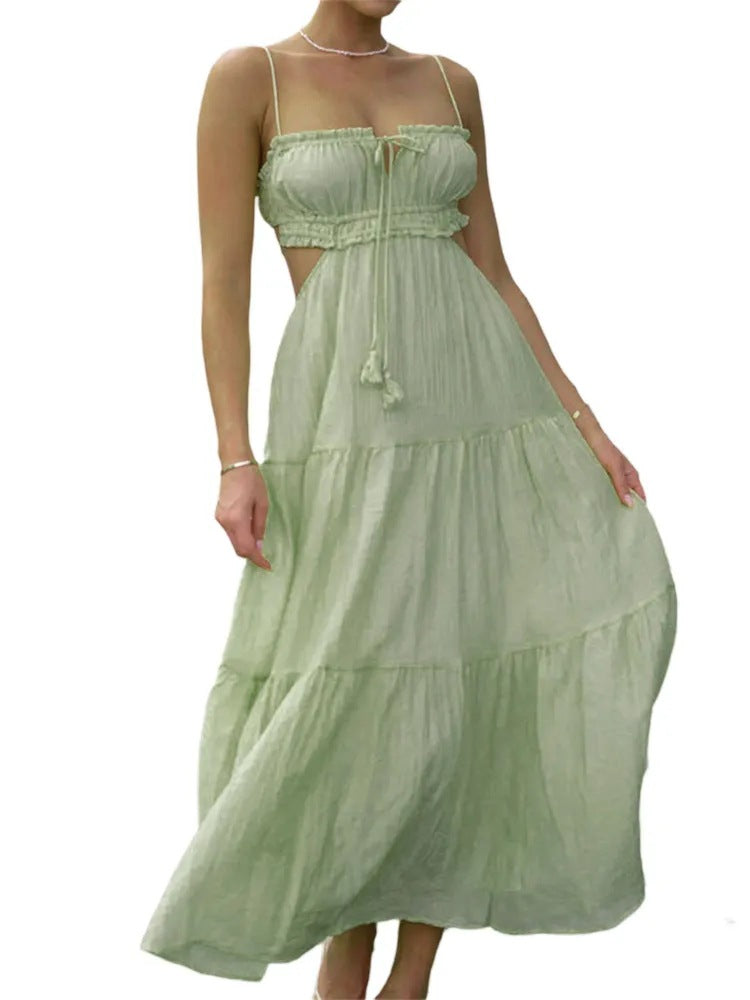VLOVELAW Summer New Women's Cross-Border European and American Temperament Camisole Sexy Cutout Long Dress Backless Stitching Large Swing Dress