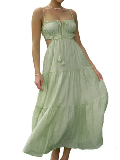 VLOVELAW Summer New Women's Cross-Border European and American Temperament Camisole Sexy Cutout Long Dress Backless Stitching Large Swing Dress