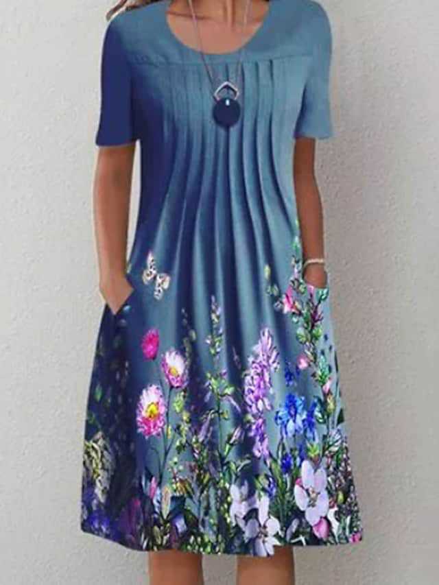 VLOVELAW Cross-Border Foreign Trade    Wish Spring/Summer Floral Print round Neck Pullover Mid-Length Dress Women