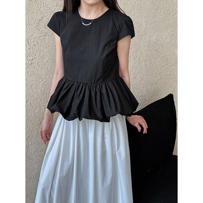 Luxi, temperament versatile splicing pleated hem lace T-shirt spring and summer new simple niche top short sleeve 8739