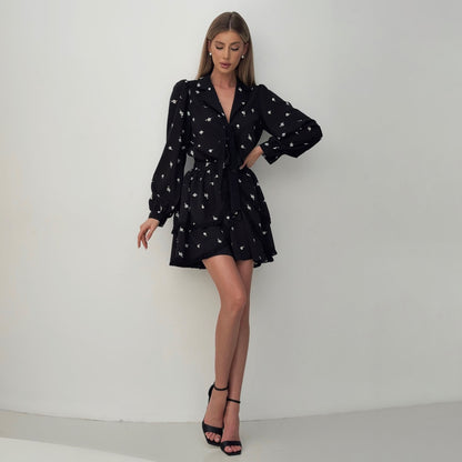 n chiffon floral fungus edge suit skirt, celebrity temperament printed lace Hepburn style waist V-neck two-piece set