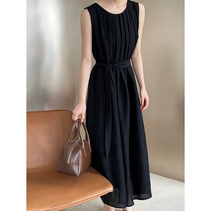 Luxi,  imitation linen pleated sleeveless A-shaped dress, thin high-end vest skirt, vacation dress 3210