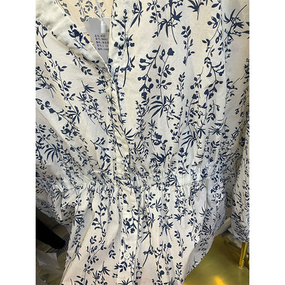 direct sales blue and white porcelain floral shirt women's long sleeves popular spring clothes new V-neck loose top pure cotton shirt