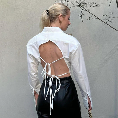 2025 Simple versatile lapel top  spring new fashion temperament commuter style backless lace-up long-sleeved shirt women