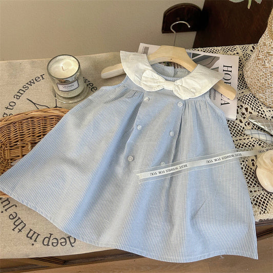 VLOVELAW South Korea Children's Clothing Dress  Summer New Girl's Western Style Back Girl's Sailor Collar Bow Princess Dress