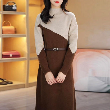 VLOVELAW Autumn and winter new fashion and thin high-end sweater skirt 2025 style color matching semi-turtleneck knitted sweater dress women