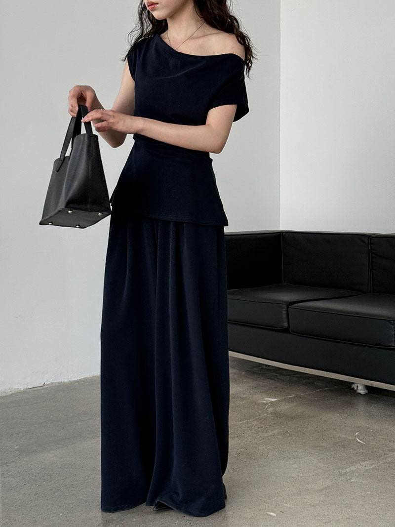 Luxi, Korean swinging collar set asymmetrical slanted shoulder T-shirt + high-waisted casual wide-leg pants summer two-piece set 2678