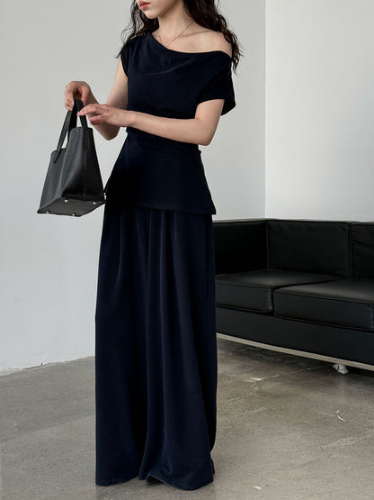 Luxi, Korean swinging collar set asymmetrical slanted shoulder T-shirt + high-waisted casual wide-leg pants summer two-piece set 2678