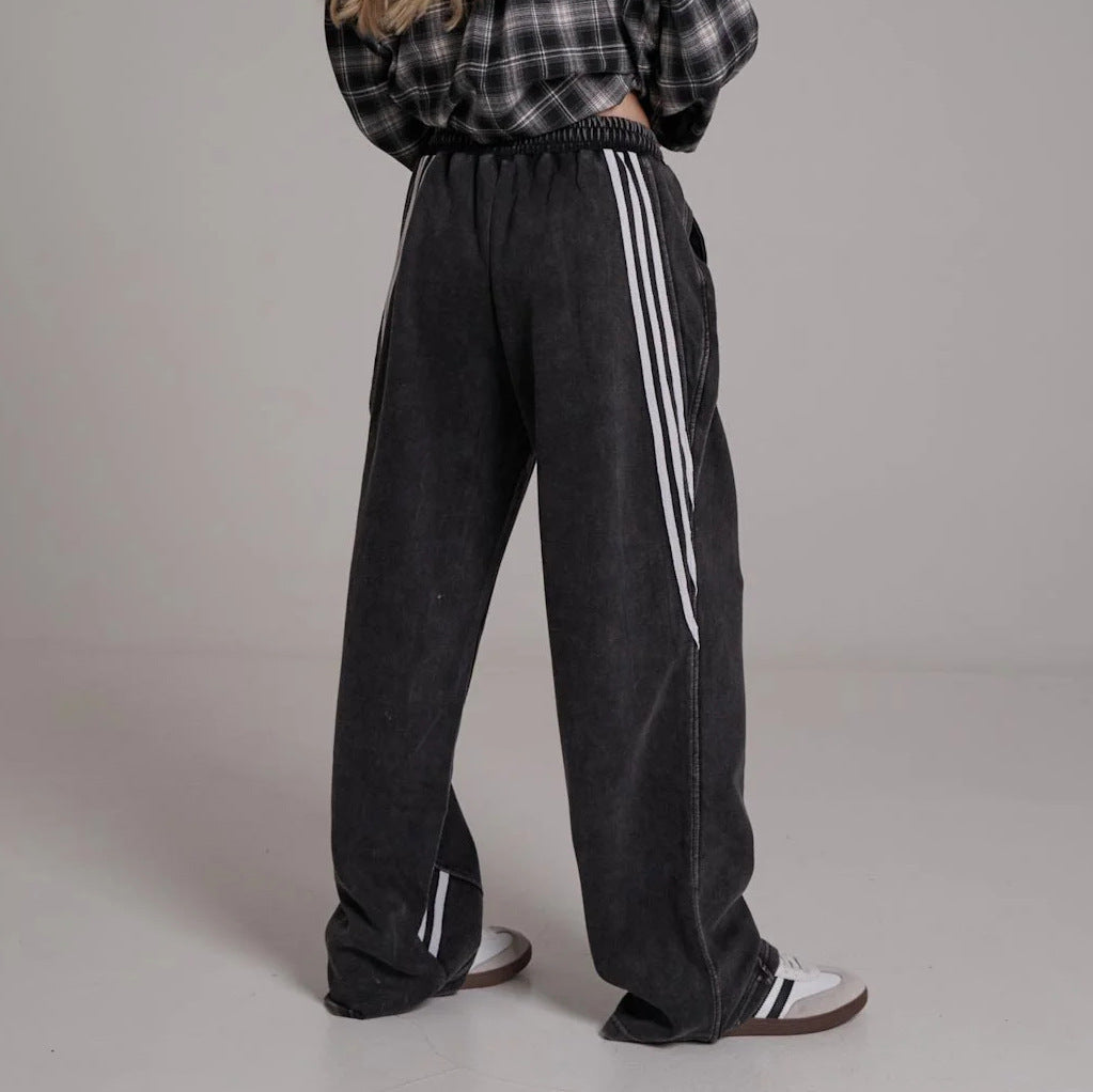 2025 2025n retro old striped spliced sweatpants sweatpants autumn and winter new versatile washed drawstring sweatpants casual pants