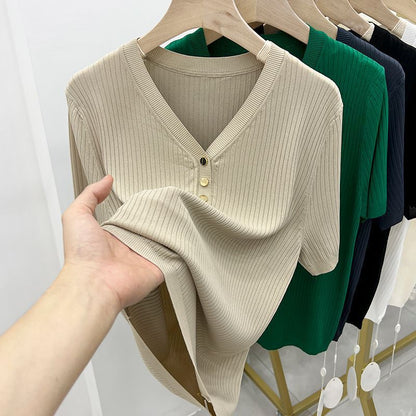 VLOVELAW 100.00kg Wearable Summer plus Size Ice Silk Top Popular Slimming Short-Sleeved T-shirt for Women Loose Belly-Covering V-neck Sweater