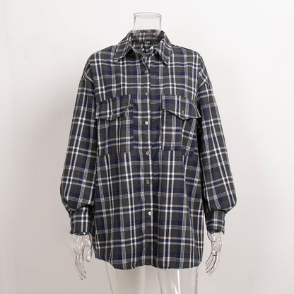 KKBOXLY Plaid shirt women's 2025 cross-border New autumn new American retro double pocket plaid striped medium and long shirt