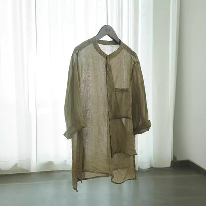 Literary and casual irregular ramie shirt, niche design retro tooling stand-up collar seven-quarter sleeve top W22281