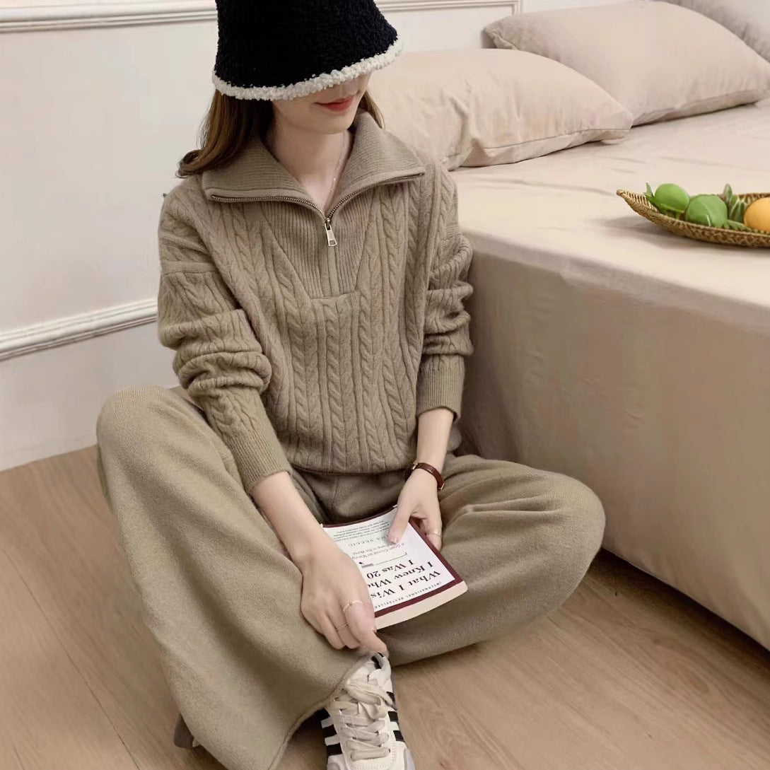 VLOVELAW Cross-border twist half-zipper lapel pullover sweater women's New autumn and winter new loose-knit casual pants two-piece set