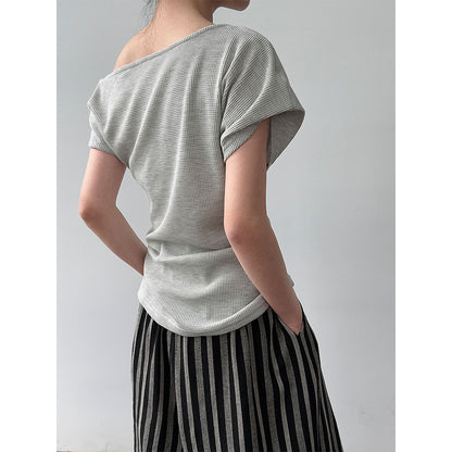 Luxi, waffle asymmetrical slanted shoulder kink T-shirt women's summer new slim and thin Spice Girl top thin 2703
