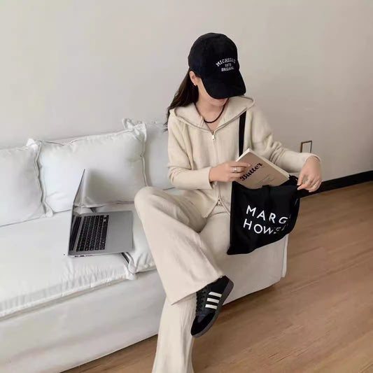 VLOVELAW Korean temperament fashion casual hooded knitted suit women's autumn and winter new loose and thin wide-leg pants two-piece set
