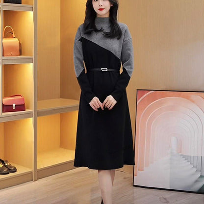 VLOVELAW Autumn and winter new fashion and thin high-end sweater skirt 2025 style color matching semi-turtleneck knitted sweater dress women