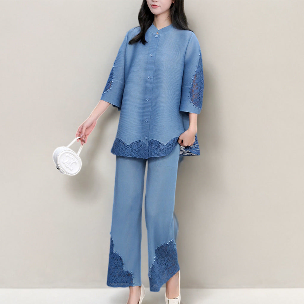 2025 Mom dress two-piece set loose large size lace versatile cardigan top straight pants casual suit spring