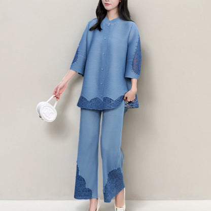 2025 Mom dress two-piece set loose large size lace versatile cardigan top straight pants casual suit spring