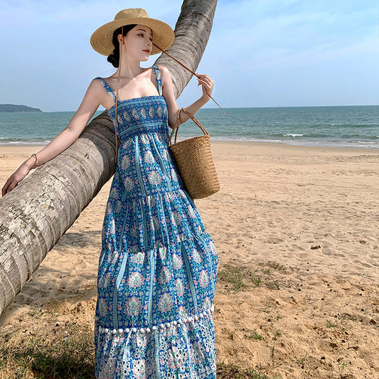 2025 Summer new ethnic style suspender skirt women's high waist hollow embroidery printing dress Sanya seaside vacation dress