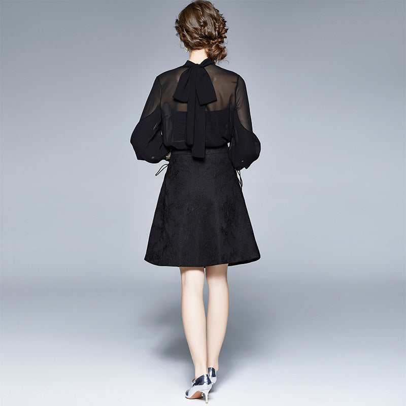 Muse Fan Heavy Industries Bow Stand-Up Collar Shirt Court Style Embroidery Sequins High Waist A-shaped Skirt Vintage Hong Kong Flavor Set