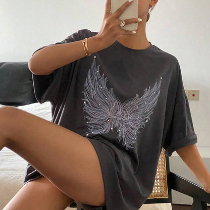 Popular,   new temperament butterfly flash diamond gray T-shirt women's round neck loose spice girl trend top printing New