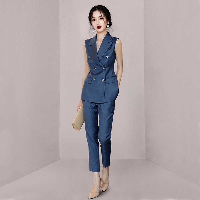 summer new dark blue double-breasted suit collar sleeveless vest professional women's nine-point pants suit suit women