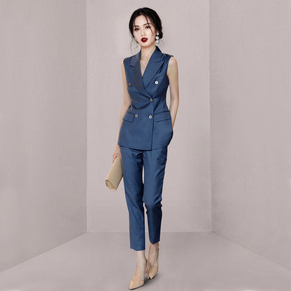 summer new dark blue double-breasted suit collar sleeveless vest professional women's nine-point pants suit suit women