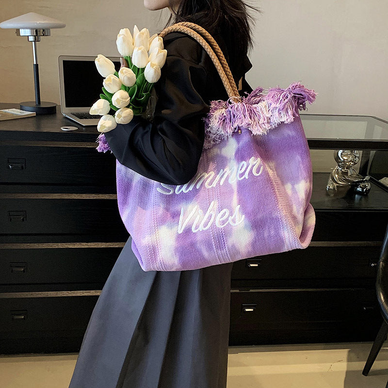 VLOVELAW Customized Cross-Border New Arrival Bag Women's Korean-Style Letter Tassel Canvas Bag Large Capacity Simple Student Shoulder Tote Bag
