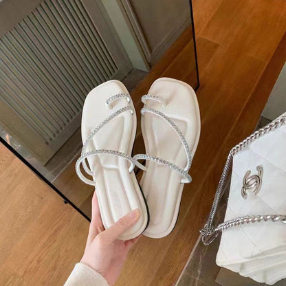 VLOVELAW  Sheepskin Version ~ Grape Mom Same Style Sparkling Rhinestones Toe Covering Exquisite Fairy Style Flat Sandals Women's Half Slippers Summer 2025