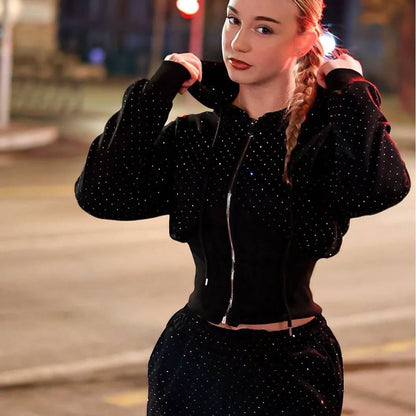 Popularan beautiful women's fashion waist open button hot diamond hooded sweater straight pants set design sense casual sportswear women