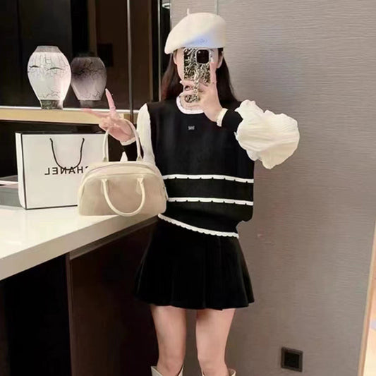 VLOVELAW sweet and spicy top Korean version fake two-piece striped knitted sweater women's fashion round neck short yarn sleeves look thin