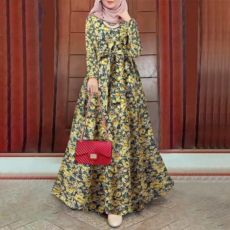 VLOVELAW New Cross-Border Retro Muslim Dress Printed Sundress Long Sleeve Robe Belt