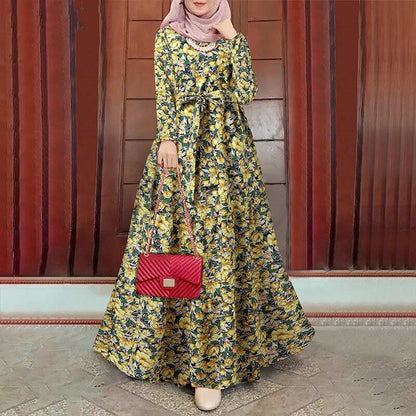 VLOVELAW New Cross-Border Retro Muslim Dress Printed Sundress Long Sleeve Robe Belt