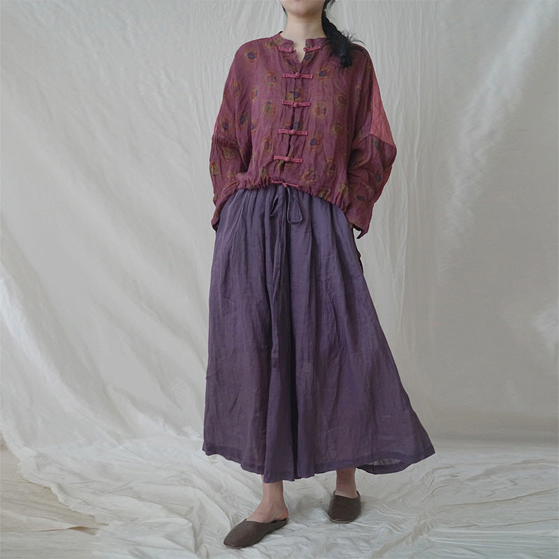 retro light Chinese printed ramie loose cardigan, early autumn national tide contrasting color art shirt S22277