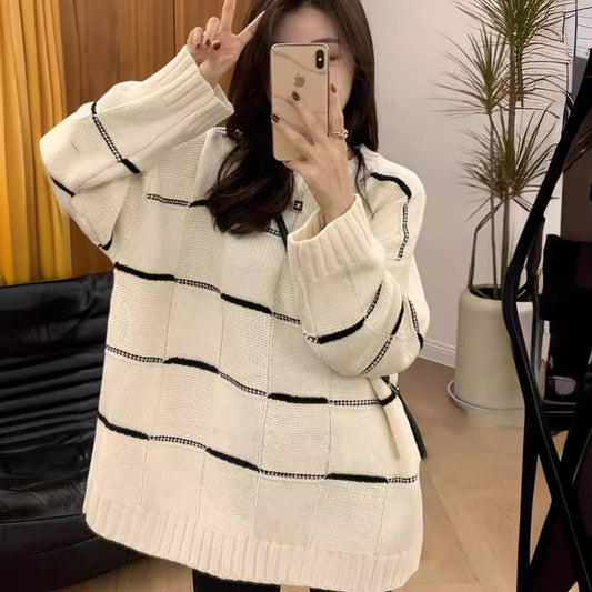 VLOVELAW Contrasting color striped crew neck sweater women's new popular autumn and winter casual loose lazy style medium and long knitted sweater